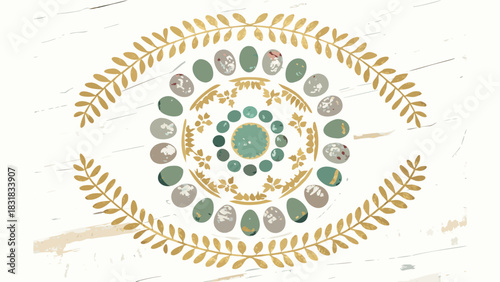 A beautiful mandala design featuring a circular arrangement of speckled bird eggs and golden leaves on a distressed white wooden background symbolizing nature and renewal