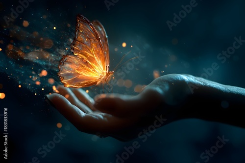 Magical glowing butterfly landing gently on a human hand