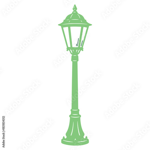 Vintage Green Streetlight Silhouette Isolated on White Background for City Park and Garden Decoration