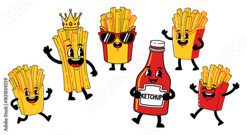 Cartoon french fries and ketchup bottle characters.