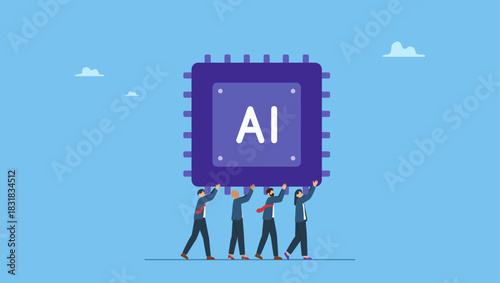 Business people carry AI processing chip. Embrace AI, Artificial Intelligence adoption, user or people who use AI to help and support work success, innovation or revolution to change business.
