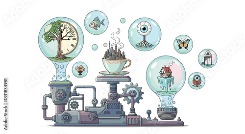 Whimsical Steampunk Machine Creating Miniature Worlds in Bubbles, Generative AI.