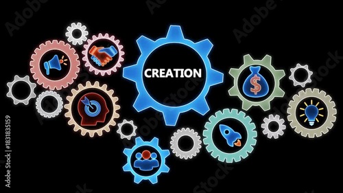 Business concept gears turning with icons representing teamwork innovation finance marketing launch and strategy forming a connected system for creation and growth on black background