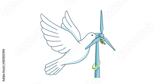White Dove Carrying Wind Turbine Symbolizing Peace and Renewable Energy, Generative AI.