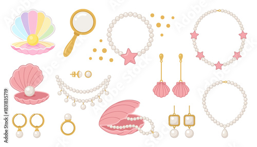 Assortment of pearl jewelry including necklaces earrings rings and pearl in open seashells with a magnifying glass pearl necklace pearl earrings pearl ring fashion