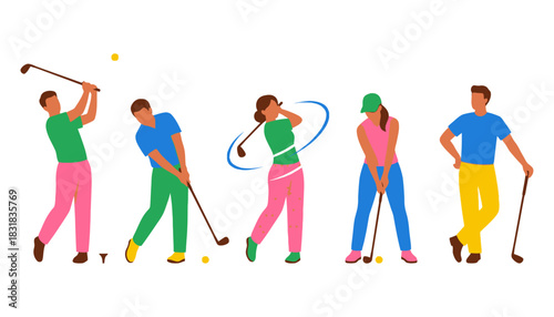 Diverse group of golfers with clubs and balls male and female players depicted in various stances with colorful attire against a white background golf action sport