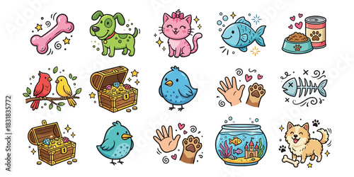 A charming collection of cartoon style pets and related items featuring dogs cats birds fish bones treasure chests and pet food animal illustration cute graphic