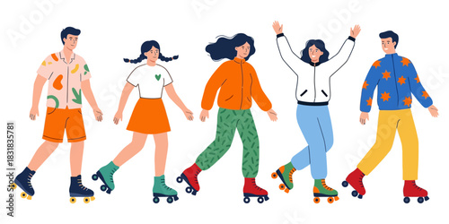 Five diverse people men and women wearing colorful roller skates and engaging in joyful movement on a white background roller skating active lifestyle sport recreation