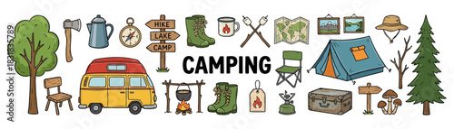 A collection of cartoon illustrations depicting camping gear and nature elements including a tent van axe boots compass map and trees outdoor adventure marshmallows