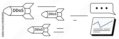 Missiles labeled DDoS attacking a graph analytics dashboard with a speech bubble. Ideal for cybersecurity, network monitoring, hacking, data protection, IT risk, cyber warfare, and simple flat