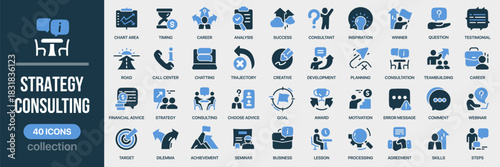 Strategy and consulting fill icon collection. Set of business, advice, analysis, goal, motivation, and seminar icons. Created in colored style with blue palette
