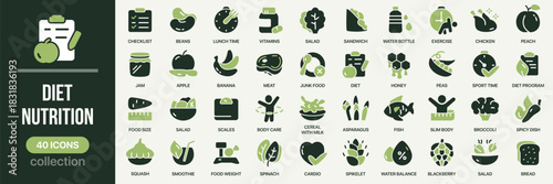 Diet and nutrition fill icon collection. Includes healthy food, fruits, vegetables, fitness, and balanced eating icons. Created in colored style with green palette
