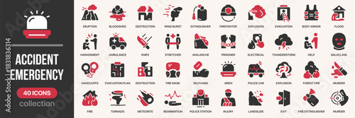 Accident and emergency fill icon collection. Set of ambulance, rescue, danger, fire, police, and evacuation icons. Created in colored style with red and gray palette