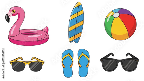 Collection of colorful summer vacation accessories and beach items for a fun holiday