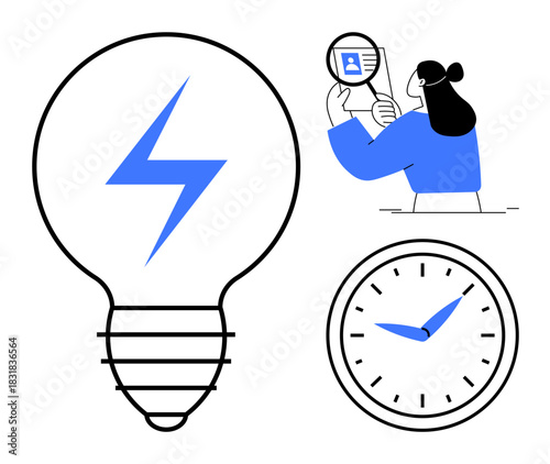 Business innovation visual a light bulb ideas, a person conducting research, and a clock for time management. Perfect for innovation, time management, brainstorming, creativity, modern work processes