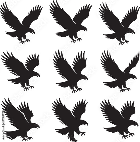 Collection of Eagle Silhouettes in Various Flying and Landing Positions