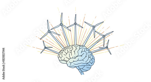 Wind Turbines Powering a Human Brain Concept, Generative AI.