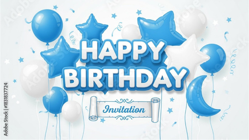 Happy Birthday Invitation with Balloons and Stars