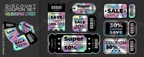 A set of discount coupons for holiday, seasonal and other sales with a holographic gradient effect. Gift certificates with a bright Y2k-style design.