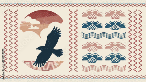 Majestic eagle soars above serene waters under a setting sun, a symbol of freedom and power, perfect for nature-inspired designs and inspirational art projects