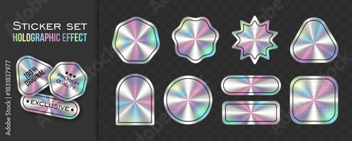 A set of realistic stickers with a holographic gradient effect, water protective pattern, with copy space. Product label with warranty.