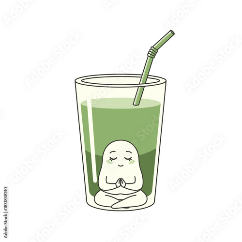 Cute cartoon character meditating in a green smoothie glass.