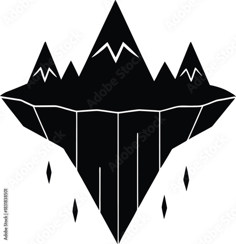 Floating Mountain Island Silhouette with Crystals

