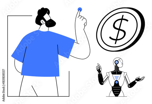 Man interacting with tech, robot raising hands below coin. Ideal for innovation, automation, AI, digital economy, fintech, collaboration futuristic concepts. Simple flat metaphor
