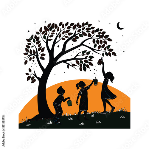 Children silhouettes holding lanterns catching fireflies under a tree at night with a crescent moon