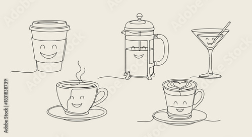 Cute Coffee and Drink Cups with Faces.