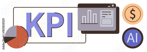 KPI text with charts, AI icon, and dollar sign highlighting performance assessment, data management, finance, and technology. Ideal for analytics, business growth, strategy finance tech