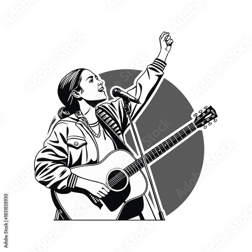 Dynamic illustration of a young woman passionately singing and playing acoustic guitar on stage