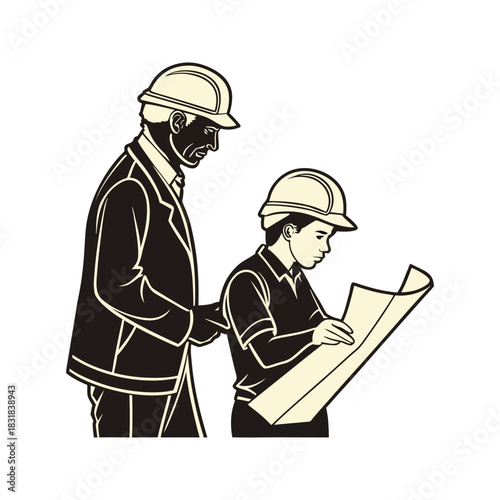 Experienced construction worker mentors a young apprentice reviewing blueprints on a project site