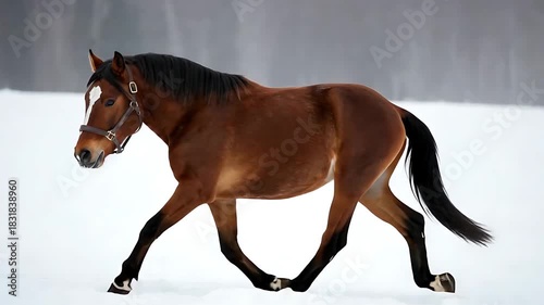 Brown horse running in winter snow landscape, graceful animal motion and winter beauty creates a