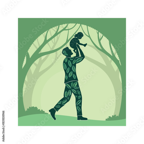 Father lifting his child up high in a forest with stylized trees and leaf patterned clothing
