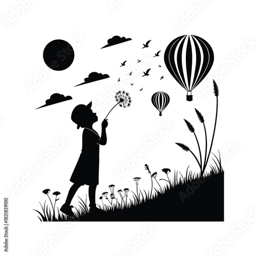 Silhouette of a child blowing a dandelion with hot air balloons and birds flying in the sky