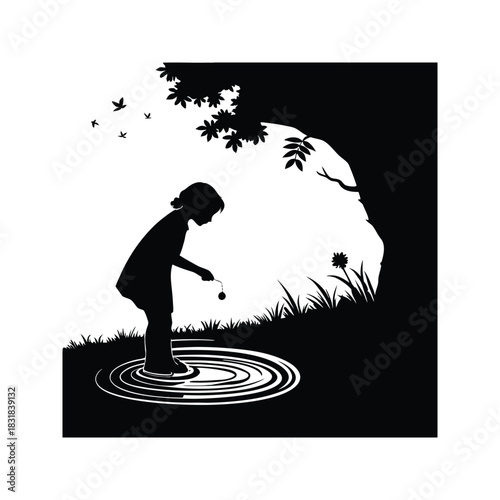 Silhouette of a young girl playing with a yo yo in a puddle under a large tree with birds flying