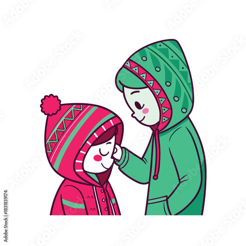 Two cartoon children wearing colorful hooded jackets and hats sharing a tender moment of care and affection
