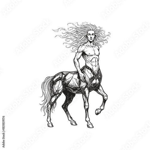 vector illustration of a powerful Centaur figure, featuring a muscular male upper body with flowing hair and the lower body of a horse