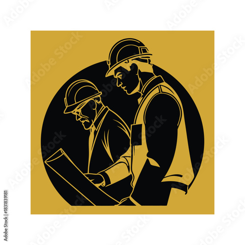 Two construction workers wearing hard hats reviewing blueprints together on a construction site