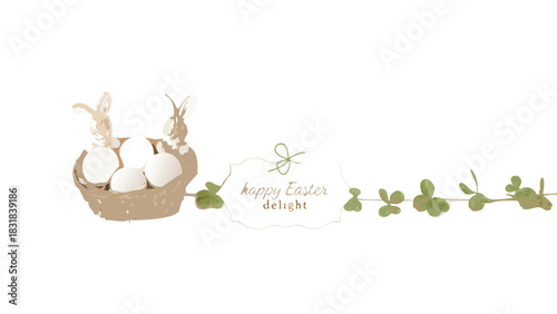 A charming watercolor illustration of a rustic easter basket filled with eggs and adorned with two cute bunnies accompanied by a delicate floral vine and the text happy easter delight