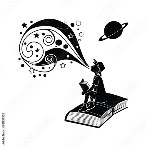 Young child reading a book on a giant open book imagining space and stars with a swirling creative thought bubble