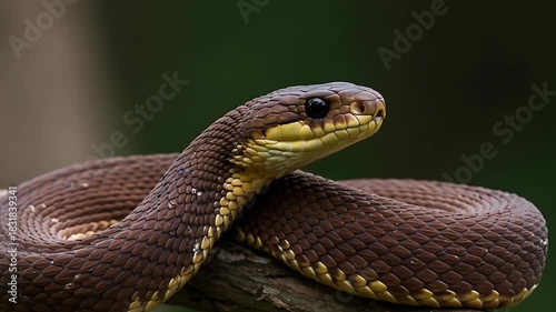 Captivating Closeup of a Brown and Yellow Snake Coiled on a Branch Wildlife Beauty
