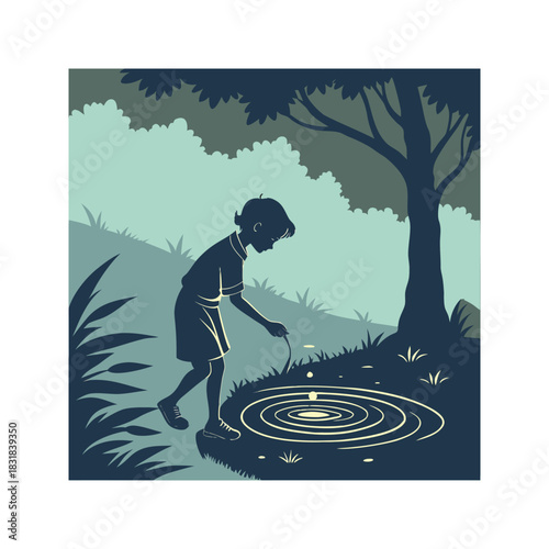 Young child silhouetted in nature poking a stick into a puddle creating ripples