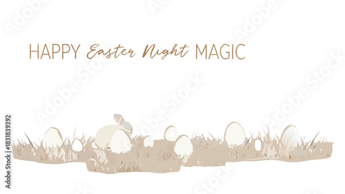 Whimsical easter celebration with a gentle bunny nestled amongst beautifully decorated eggs hidden in soft grass evoking a magical night