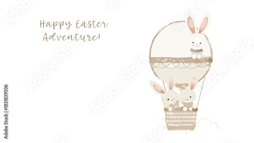 Cute watercolor illustration of bunnies in a hot air balloon with the text happy easter adventure perfect for greeting cards and children s designs