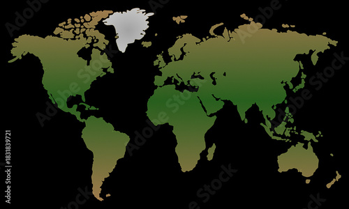 A clean and modern world map vector featuring gradient green landmasses on a black background, highlighting global geography with a sleek, minimalist aesthetic.