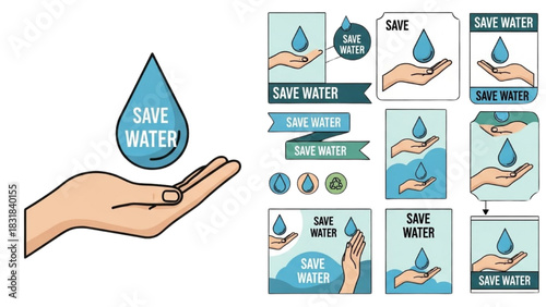 Hand holding a water drop for conservation. Set of vector illustrations promoting global water saving and environmental awareness