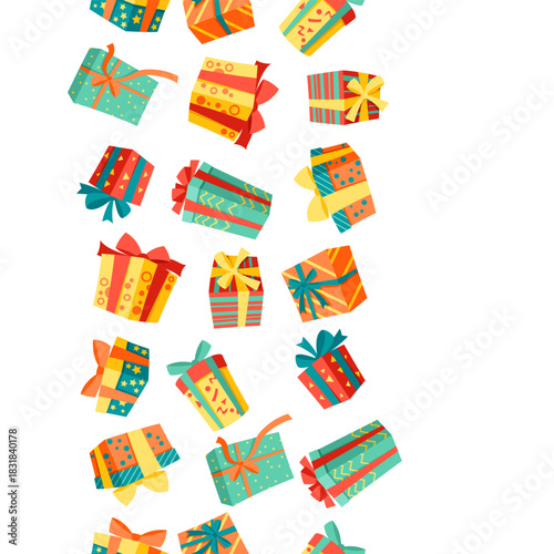 Seamless pattern with gift boxes. Colorful presents for celebration, discounts or promotions.