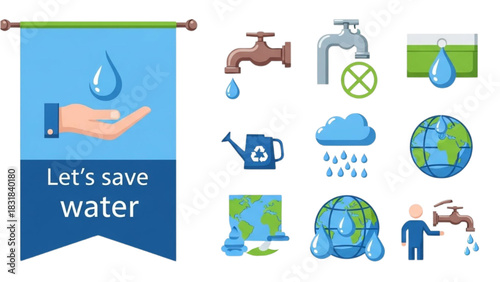 Water conservation icons hand, faucet, drop, and environment save resources
